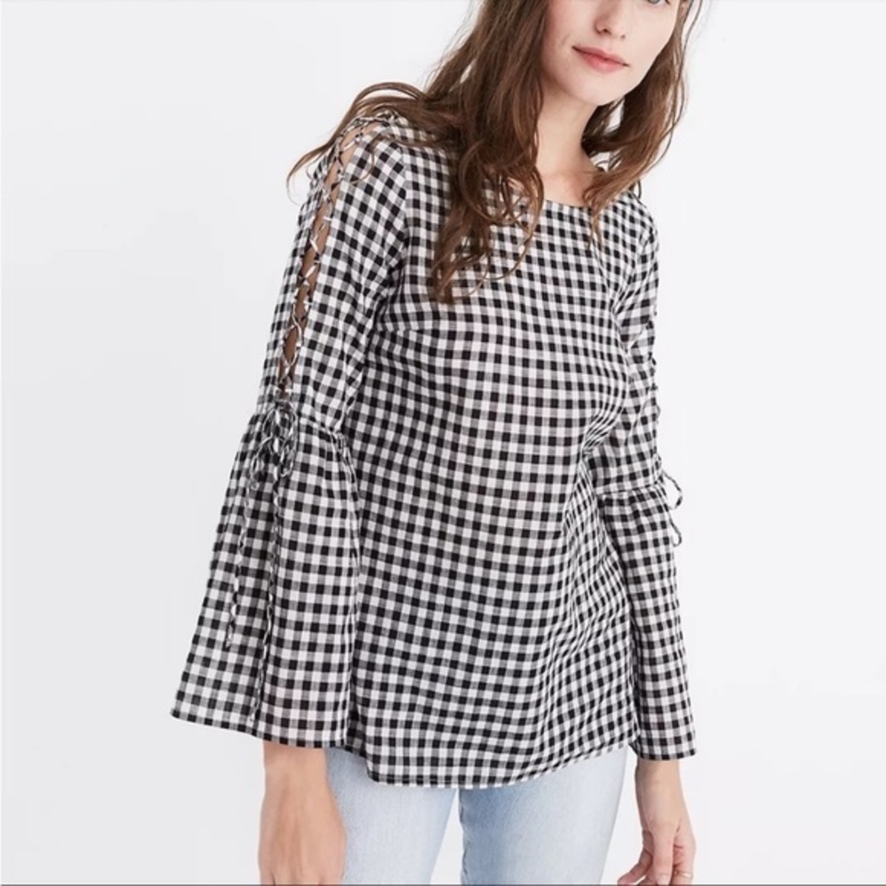 Madewell Black & White Gingham Criss Cross Tie Bell Long Sleeve Top
